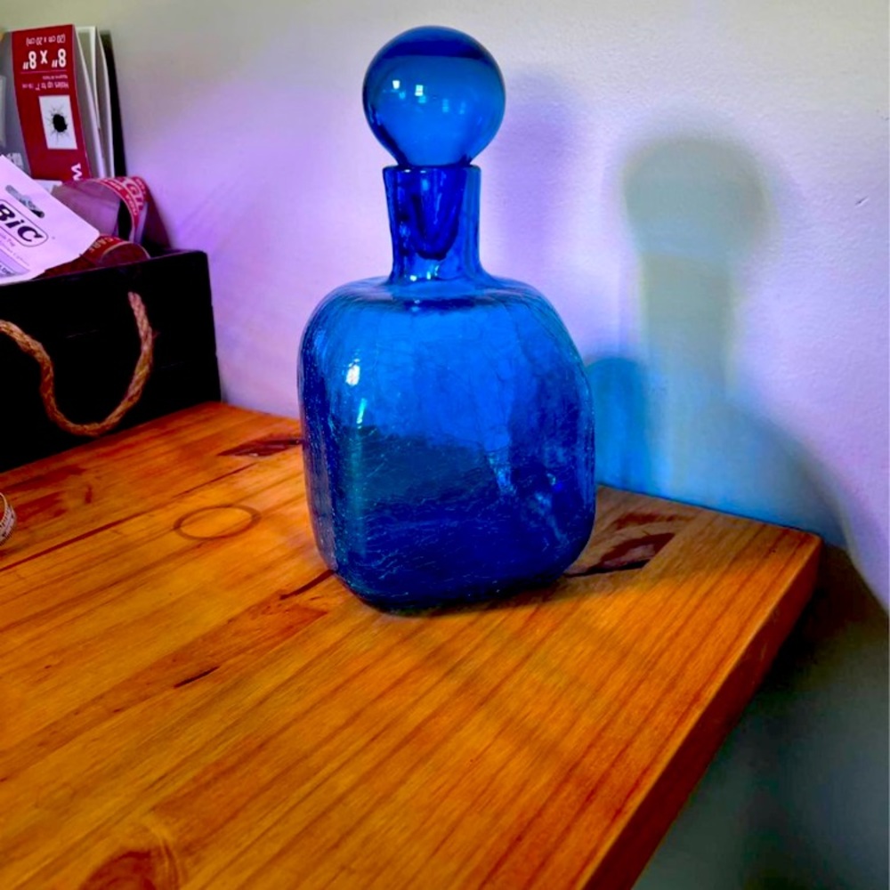 Blenko Glass Company Vintage 6424 Crackle Glass Decanter Blue w Stopper